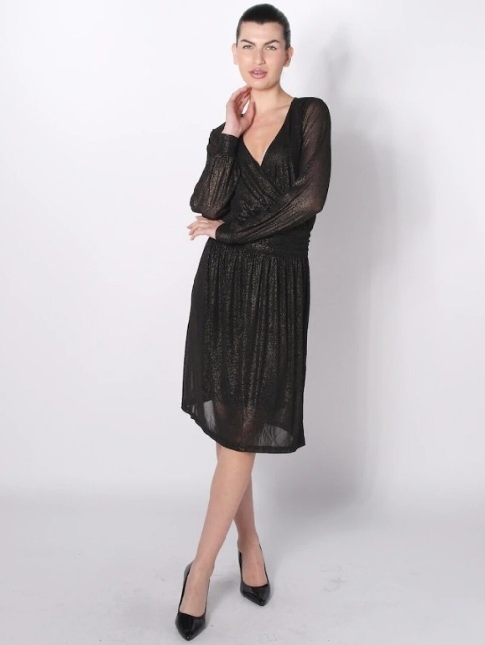 Black With Bronze Shimmer Wrap Midi Dress